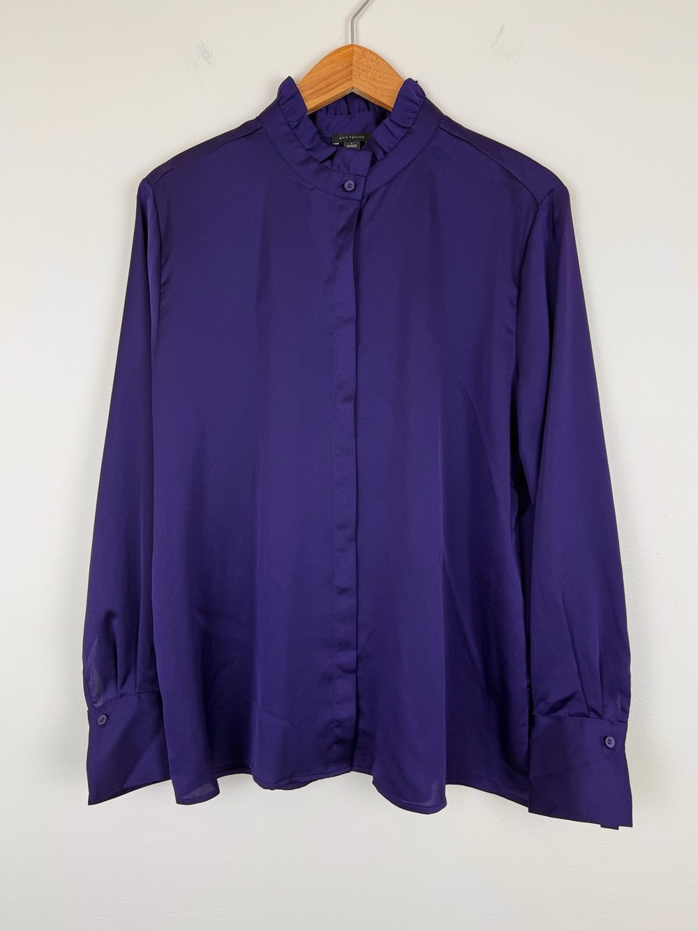 Ann Taylor Deep Purple Button Front Ruffle Collar Top